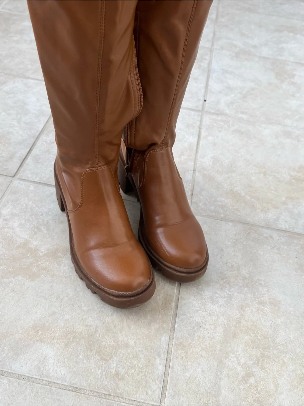 Womens Cognac Brown Faux Leather Over The Knee Lug Sole Chunky Heel Boots 9.5-10